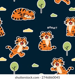 Cute Cartoon Tiger Seamless Pattern with Trees and Clouds