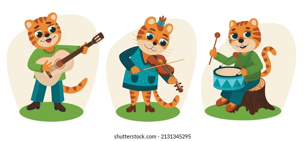 Cute cartoon tiger set, collection, print, stickers. Funny Tigers play musical instruments: violin, drum and guitar. Vector illustration in flat style 