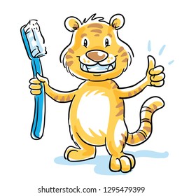 Cute cartoon tiger with shiny teeth, holding a toothbrush, showing thumb up. Hand drawn cartoon sketch vector illustration, whiteboard marker style coloring. 