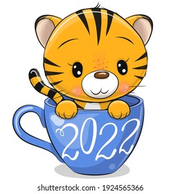 Cute Cartoon Tiger is sitting in a blue Cup