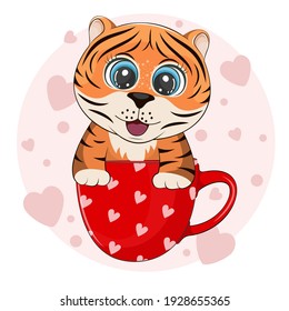 Cute cartoon tiger is sitting in a cup of coffee. Wild kitty character flat style. Modern poster for prints, kid greeting card, poster, t-shirts. Vector illustration.
