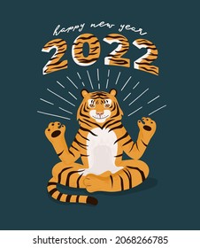 Cute cartoon tiger sitting in lotus pose. Chinese  Symbol of new year 2022. Greeting poster with yoga meditation