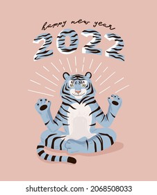 Cute cartoon tiger sitting in lotus pose. Chinese  Symbol of new year 2022. Greeting poster with yoga meditation