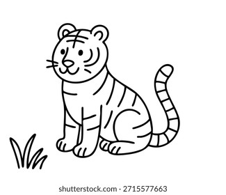 Tigre lindo de la historieta que se sienta en la hierba, ilustración animal simple del arte de la línea con la expresión amistosa para las páginas para colorear de los niños, los diseños del vivero y los proyectos lúdicos. Ilustración vectorial.