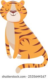 Cute cartoon tiger sitting peacefully, eyes closed, exuding charm and happiness. Perfect for a playful and cheerful vibe