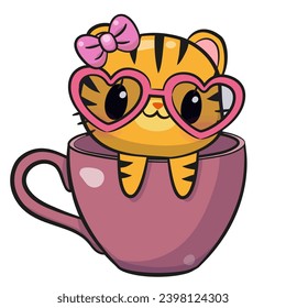 Cute Cartoon Tiger is sitting in a Pink Cup with cherry print