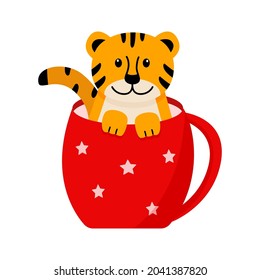 A cute cartoon tiger in a sitting in a red cup. Vector illustration, the concept of Christmas and New Year