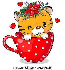 Cute Cartoon Tiger is sitting in a red Cup