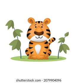 Cute cartoon tiger sitting. Vector illustration isolated on white background