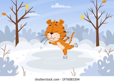 Cute cartoon tiger is skating on the ice rink in the forest. Winter landscape. The symbol of the year. Animal character. Color vector illustration for kids.Flat style