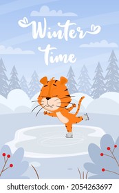 Cute cartoon tiger skating on the background of a winter landscape with a forest and snowdrifts. Vertical rectangular card with an adorable character. Winter time. Color vector illustration