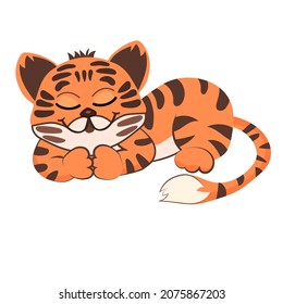 Cute cartoon tiger sleeping, isolated on white background. Vector illustration for nursery decoration.