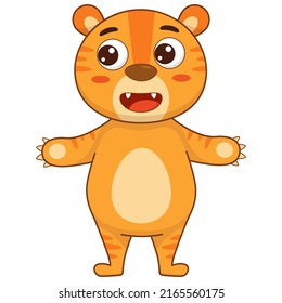 Cute cartoon tiger. Smiling with stripes. Children's print. Vector illustration