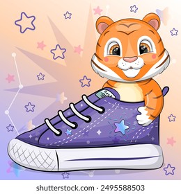 A cute cartoon tiger with a sneaker. Vector illustration of an animal on a colorful background with stars.