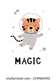 Cute cartoon tiger in a spacesuit. Vector illustration. Cosmic children's poster