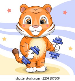 Cute cartoon tiger sportsman doing exercises. Vector illustration of animal on a white and blue background with stars.