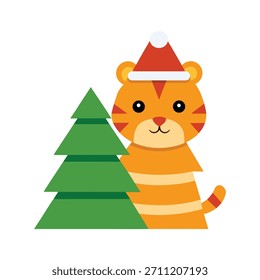 Netter Cartoon-Tiger stapelt einfache Dreieck-Weihnachtsbäume, festliche Illustration für Grußkarten, Ferienprojekte, und Weihnachtsdekorationen.