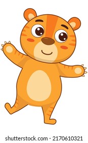Cute cartoon tiger standing on one leg and smiling. Vector illustration for designs, prints and patterns. Isolated on white background
