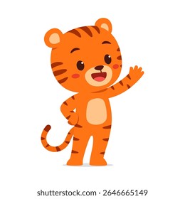 Cute Cartoon Tiger Standing and Waving Hand with a Friendly Expression on White Background