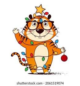 Cute cartoon tiger tangled up in a garland. Symbol of 2022, year of the tiger. Vector illustration