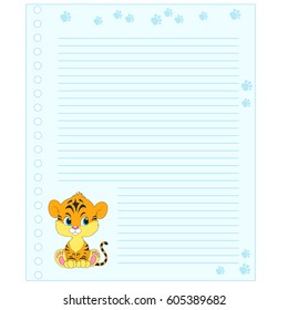 Cute cartoon tiger. Template notebook. Cheerful note pad. Space for text. Vector doodle.