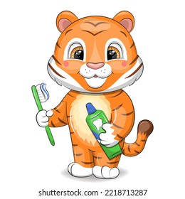 A cute cartoon tiger with toothpaste and a toothbrush is brushing the teeth. Vector illustration of an animal on a white background.