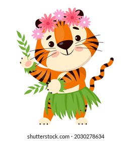 Cute cartoon tiger in traditional hawaiian skirt and floral wreath on head. Symbol of 2022, year of the tiger. Vector illustration isolated on white background