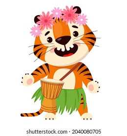 Cute cartoon tiger in traditional hawaiian skirt and floral wreath on head plays the drum. Symbol of 2022, year of the tiger. Vector illustration