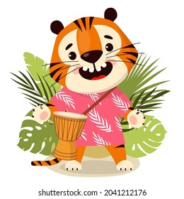 Cute cartoon tiger in traditional hawaiian skirt   floral wreath head plays the drum  Symbol 2022  year the tiger  Vector illustration