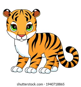 Cute cartoon tiger vector illustration isolated on white.  Clipart  for nursery poster, t shirt print, kids apparel, greeting card, label, patch or sticker. 