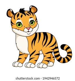 Cute cartoon tiger vector illustration isolated on white.  Clipart  for nursery poster, t shirt print, kids apparel, greeting card, label, patch or sticker. 