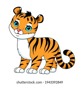 Cute cartoon tiger vector illustration isolated on white.  Clipart  for nursery poster, t shirt print, kids apparel, greeting card, label, patch or sticker. 