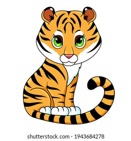Cute cartoon tiger vector illustration isolated on white.  Clipart  for nursery poster, t shirt print, kids apparel, greeting card, label, patch or sticker. 
