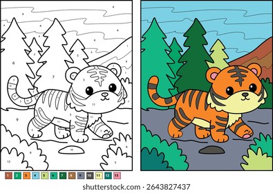 Cute Cartoon Tiger Walking in a Forest Landscape Coloring Page with Numbers, Color Key, and Finished Colored Version - Ideal for Kids' Educational Activities, Coloring Books, and Fun Learning