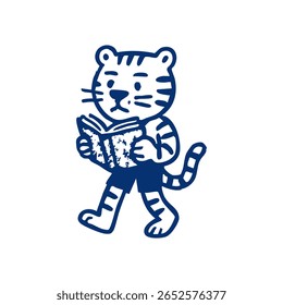 A cute, cartoon tiger is walking and holding an open book