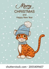 Cute cartoon tiger in warm hat. Symbol of the year according to the Chinese calendar. Christmas card. Vector illustration
