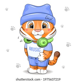 Cute cartoon tiger wearing a blue hat and green headphones. Vector illustration of an animal on a white background with paws.