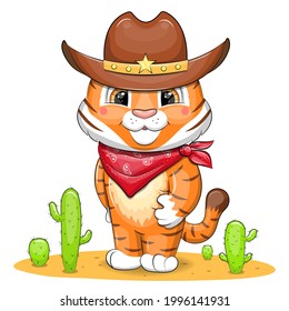 Cute cartoon tiger wearing a cowboy hat and red scarf. Vector animal illustration isolated on white.