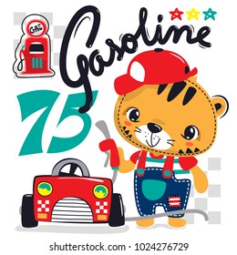 Cute cartoon tiger wearing red hat and overalls with a red car, Gasoline boy vector illustration.