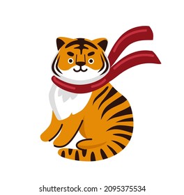 Cute cartoon tiger wearing red scarf. Chinese animal of the year 2022, new year symbol. Kawaii character for banner, poster, greeting card, calendar and print. Vector illustration.