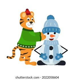 Cute cartoon tiger in weater and snowman, vector illustration. Symbol of 2022.