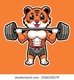 cute cartoon tiger weightlifting mascot logo illustration