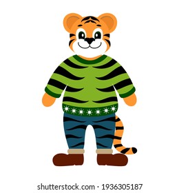 Cute cartoon tiger in winter clothes vector illustration. Symbol of 2022.