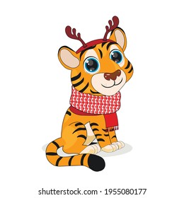 Cute Cartoon Tiger in Winterkleidung Vektorgrafik. Perfekt für Karten, Einladungen, Poster, Aufkleber, Kleidung. Weihnachtskonzept
