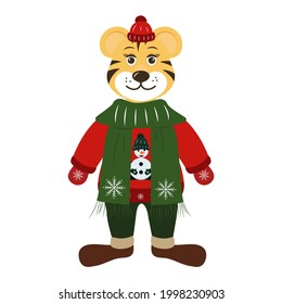 Cute Cartoon Tiger in Winterkleidung Vektorgrafik. Symbol von 2022.