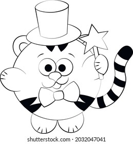 Cute cartoon Tiger the Wizard. Draw illustration in black and white