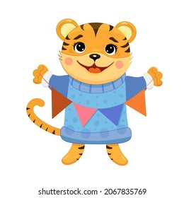 Cute cartoon tiger.Chinese New Year 2022. New Year and symbol of the Year of the Tiger.Template for banner, poster, greeting card. White background,isolation.