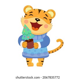 Cute cartoon tiger.Chinese New Year 2022. New Year and symbol of the Year of the Tiger.Template for banner, poster, greeting card. White background,isolation.