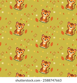 Cute Cartoon Tigers and Frogs with Autumn Leaves on Light Green Background