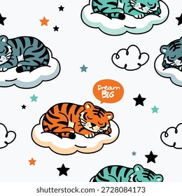 Nette Cartoon Tigers Napping auf verträumten Wolken mit Sternen